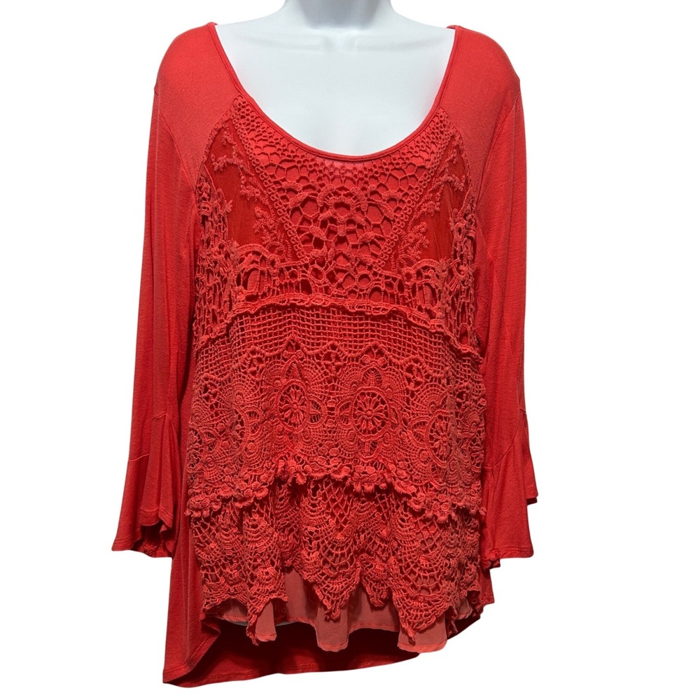 Live and Let Live Womens Crochet Tunic XL Coral Boho Cottage Lace‎ Chiffon Indie